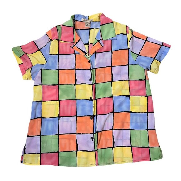 Vintage Tops - 🎨 Vintage Notations Colorful Checkered Button Down Shirt Sz XL Semi Sheer